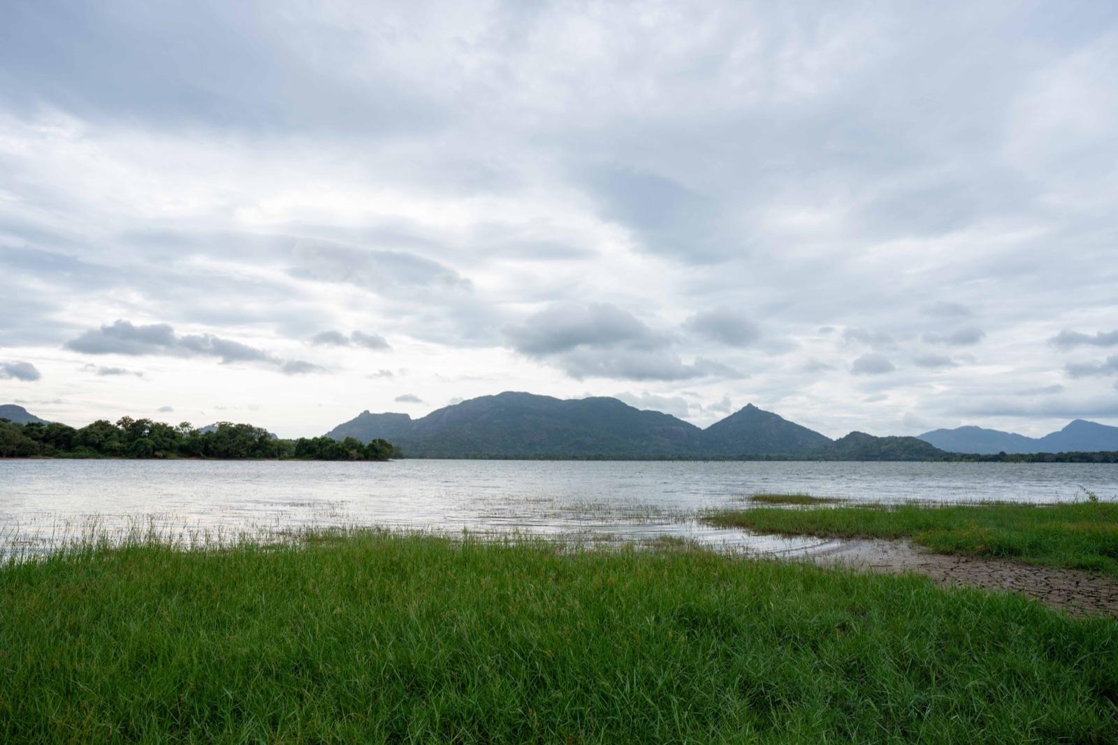 Misty lake and mountains in the Sri Lankan hill country